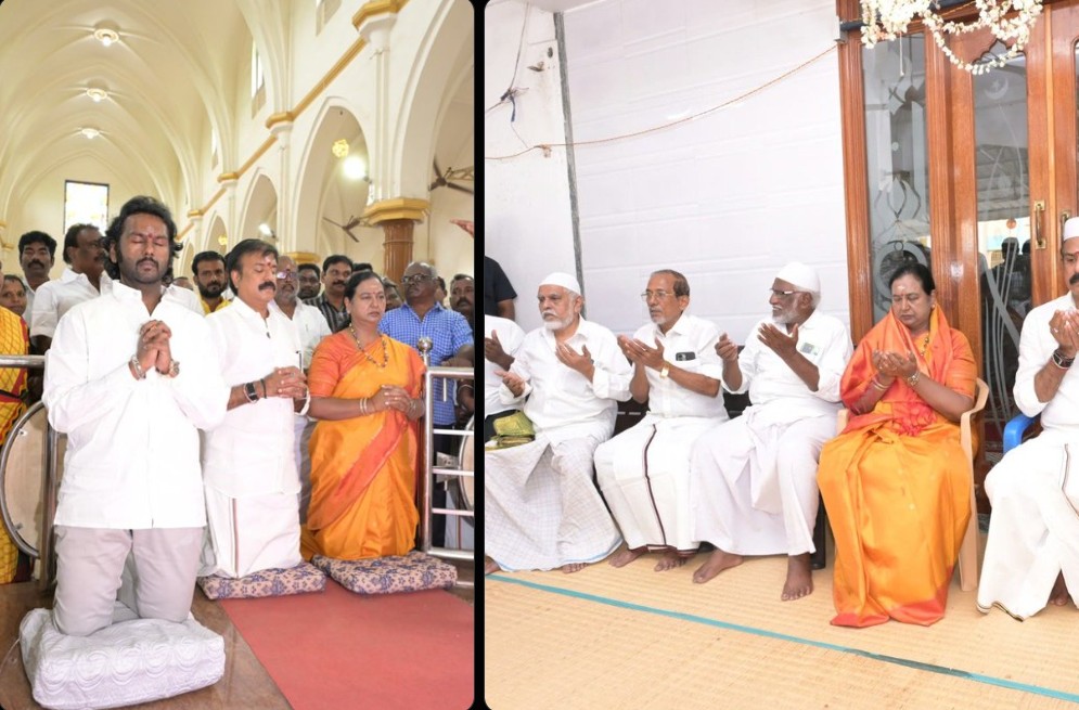 பிரபாகரனுக்கும் முட்டி செத்து போச்சா..? தேவாலயத்தில் தலையணை வைத்து பிரார்த்தனை..! சர்ச்சையில் பிரேமலதா குடும்பம்